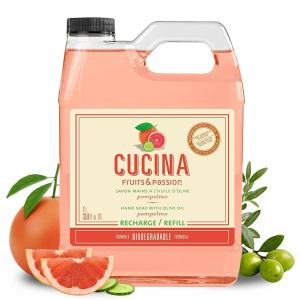 Cucina Fruits & Passion Hand Soap Refill, Lime Zest & Cypress, 1 L (33.8 fl oz) – Liquid Hand Soap with Olive Oil, Biodegradable, Vegan Formula, Kitchen & Bathroom(Pompelmo)